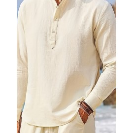 Men's Linen Blend Retro Henley Shirt Long Sleeve T-shirt Tee, Casual Comfy Shirts For Men Spring Summer Autumn, Men's Clothing Tops For Beach Yoga