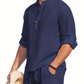 Men's Linen Blend Retro Henley Shirt Long Sleeve T-shirt Tee, Casual Comfy Shirts For Men Spring Summer Autumn, Men's Clothing Tops For Beach Yoga