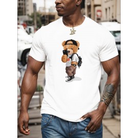 Cartoon Teddy Bear Print, Men's Graphic Design Crew Neck T-shirt, Casual Comfy Tees Tshirts For Summer, Men's Clothing Tops For Daily Vacation Resorts