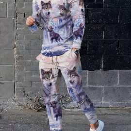 3D Pattern Print, Men's 2Pcs Outfits, Casual Crew Neck Long Sleeve Shirts T-shirt And Drawstring Sweatpants Joggers Set For Summer, Men's Clothing