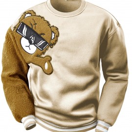Men's Cartoon Bear Embroidery Crew Neck Sweatshirt, Loose Fit Sports Tops