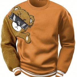 Men's Cartoon Bear Embroidery Crew Neck Sweatshirt, Loose Fit Sports Tops