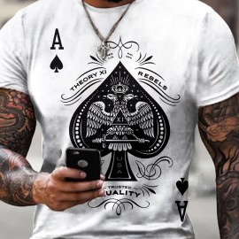 Spade A Print, Men's Graphic Design Crew Neck Active T-shirt, Casual Comfy Tees For Summer, Men's Clothing Tops For Daily Gym Workout Running