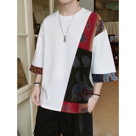 Men Loose T-Shirt Patchwork Round Neck Tee Streetwear Vintage Tops