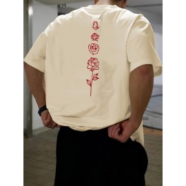 Retro Rose Print, Men's Graphic Design Crew Neck Active T-shirt, Casual Comfy Tees Tshirts For Summer, Men's Clothing Tops For Daily Gym Workout Running