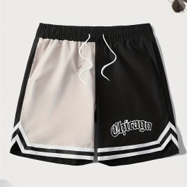 Letter Print Chevron Quick Drying Comfy Shorts, Men's Casual Waist Drawstring Shorts For Summer Gym Workout Training