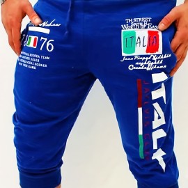 Italy Flag Letter Print Comfy Shorts, Men's Casual Solid Color Slightly Stretch Elastic Waist Drawstring Shorts For Summer