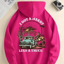 I Got A Heart Like A Truck Cowboy Riding Horse Print Men's Cool Streetwear Hoodies, Casual Loose Hooded Pullover With Kangaroo Pockets, Crew Neck Sweatshirt For Men For Fall And Winter, As Gifts