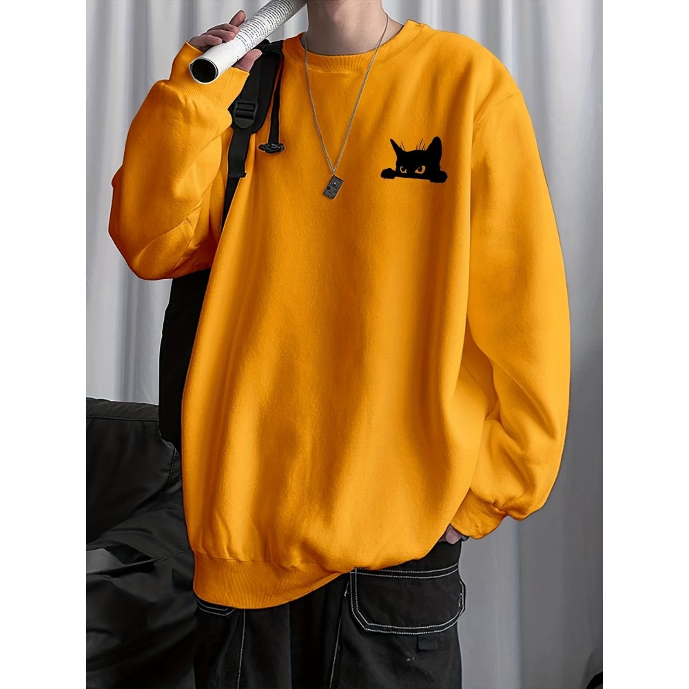 Balck Cat Print Sweatshirt, Men's Casual Graphic Design Slightly Stretch Crew Neck Pullover Sweatshirt For Spring Fall
